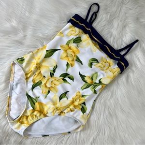 Tommy Bahama Yellow Floral Print One Piece Bikini Square Neck Size 10